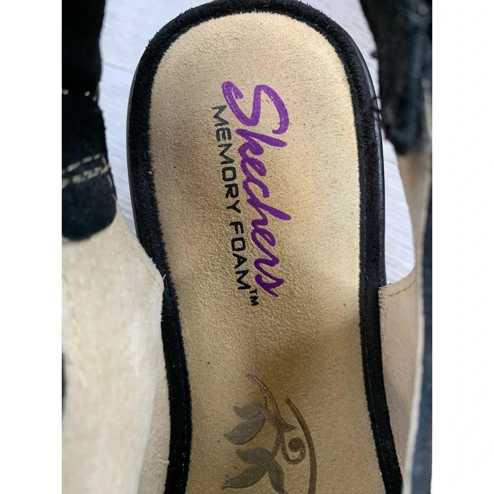 Skechers Women's Sandals Black Leather Caged Wedge Peep Toe 9 Comfort Shoes